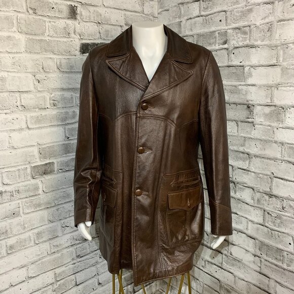 Vintage 70s Chocolate Brown Leather Retro Jacket Trench Coat Overcoat - Picture 1 of 16